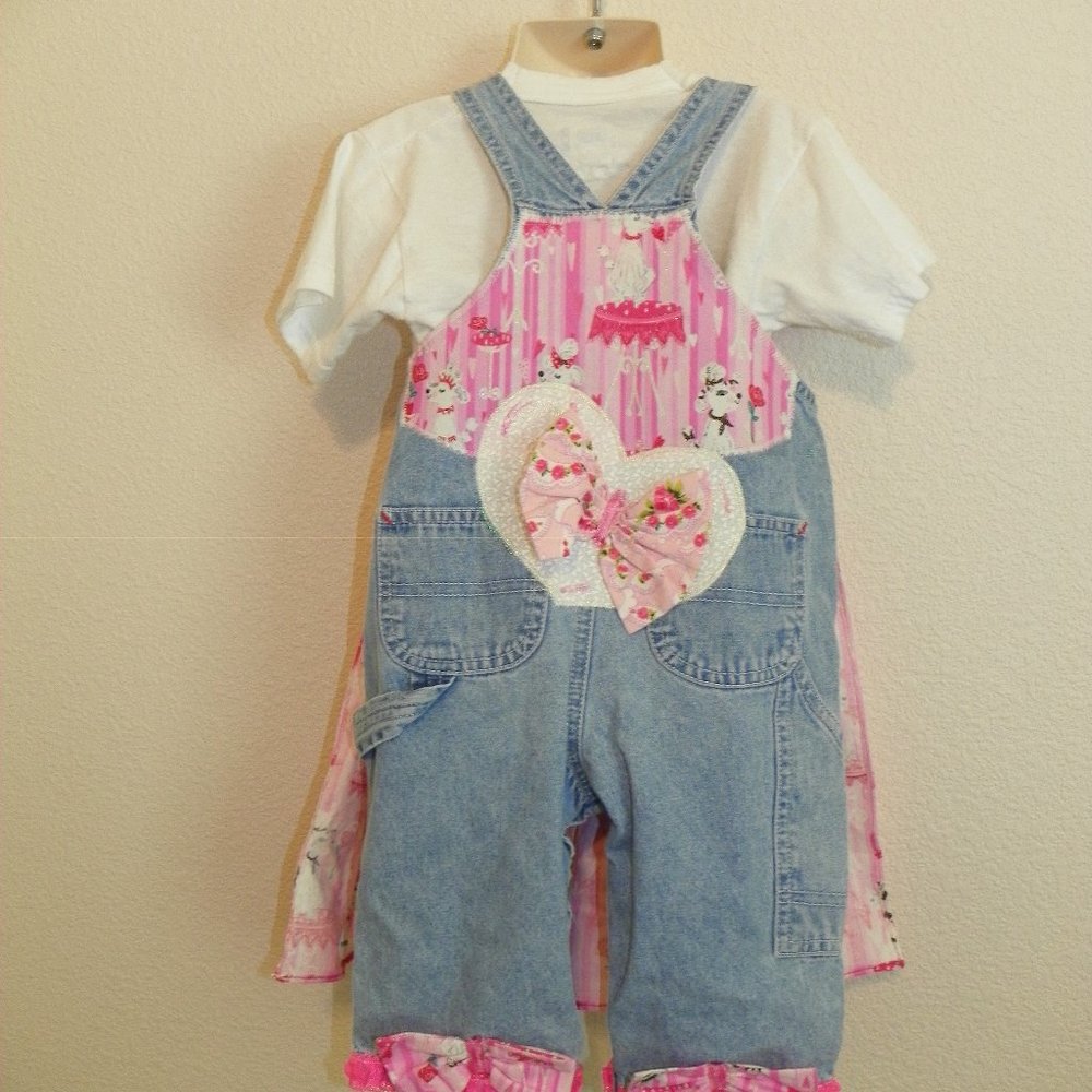 Overalls Pink Poodle Doggy Pup Denim Custom 6-12M - Picture 2 of 6